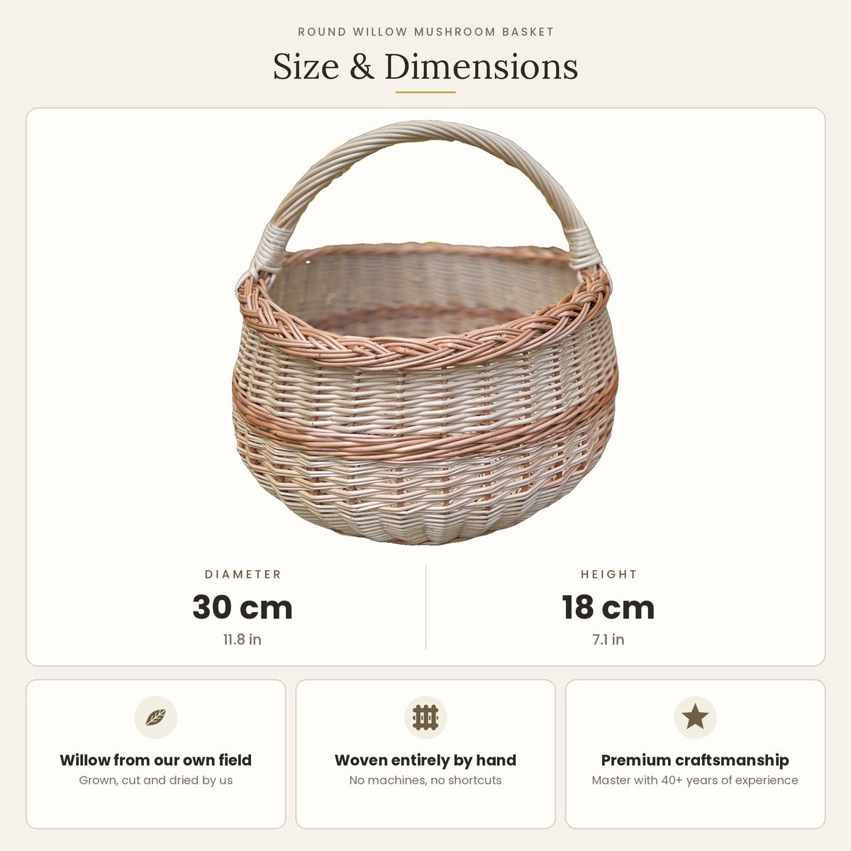 Size chart for the round willow egg basket showing 30 cm diameter and 18 cm height