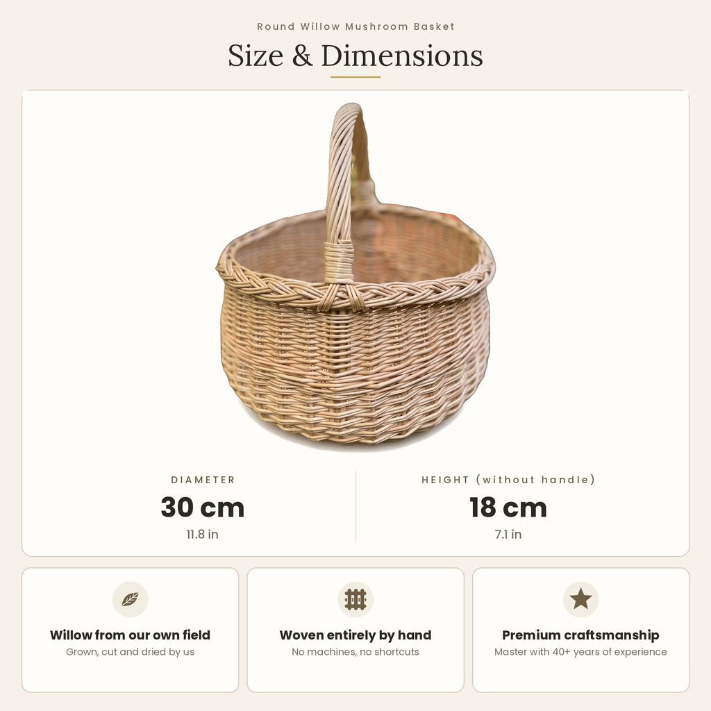 Size chart for the round willow mushroom basket showing 30 cm diameter and 18 cm height without handle