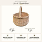 Size chart for the round willow mushroom basket showing 30 cm diameter and 18 cm height without handle