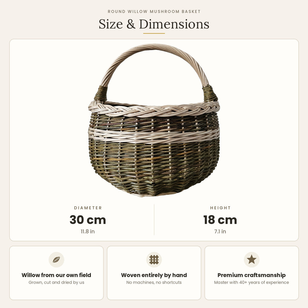 Size chart for the round willow mushroom basket showing 30 cm diameter and 18 cm height
