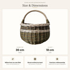 Size chart for the round willow mushroom basket showing 30 cm diameter and 18 cm height