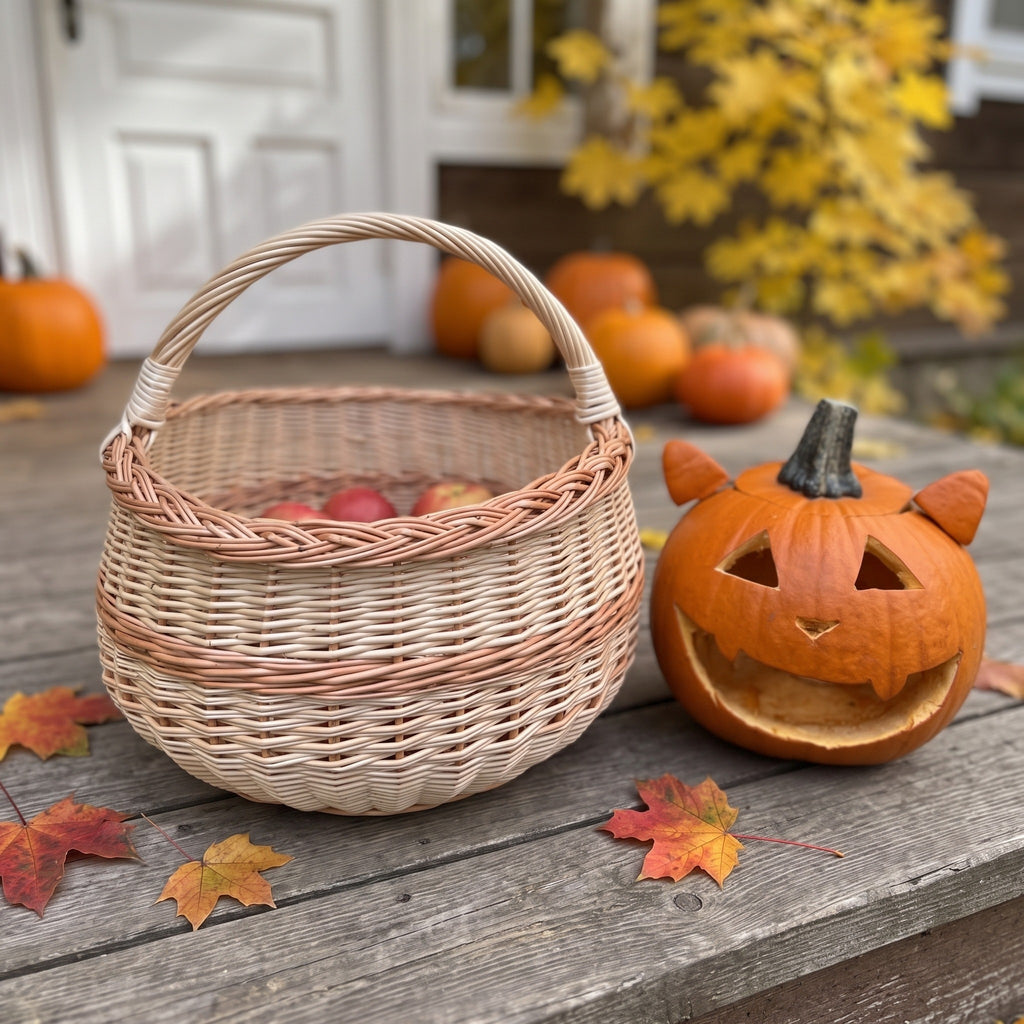 Round wicker basket with handle holding apples on a porch table next to a carved pumpkin and autumn maple leaves