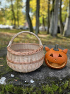 Small round handwoven basket with arched handle beside a carved jack-o-lantern on a mossy stone in autumn woods