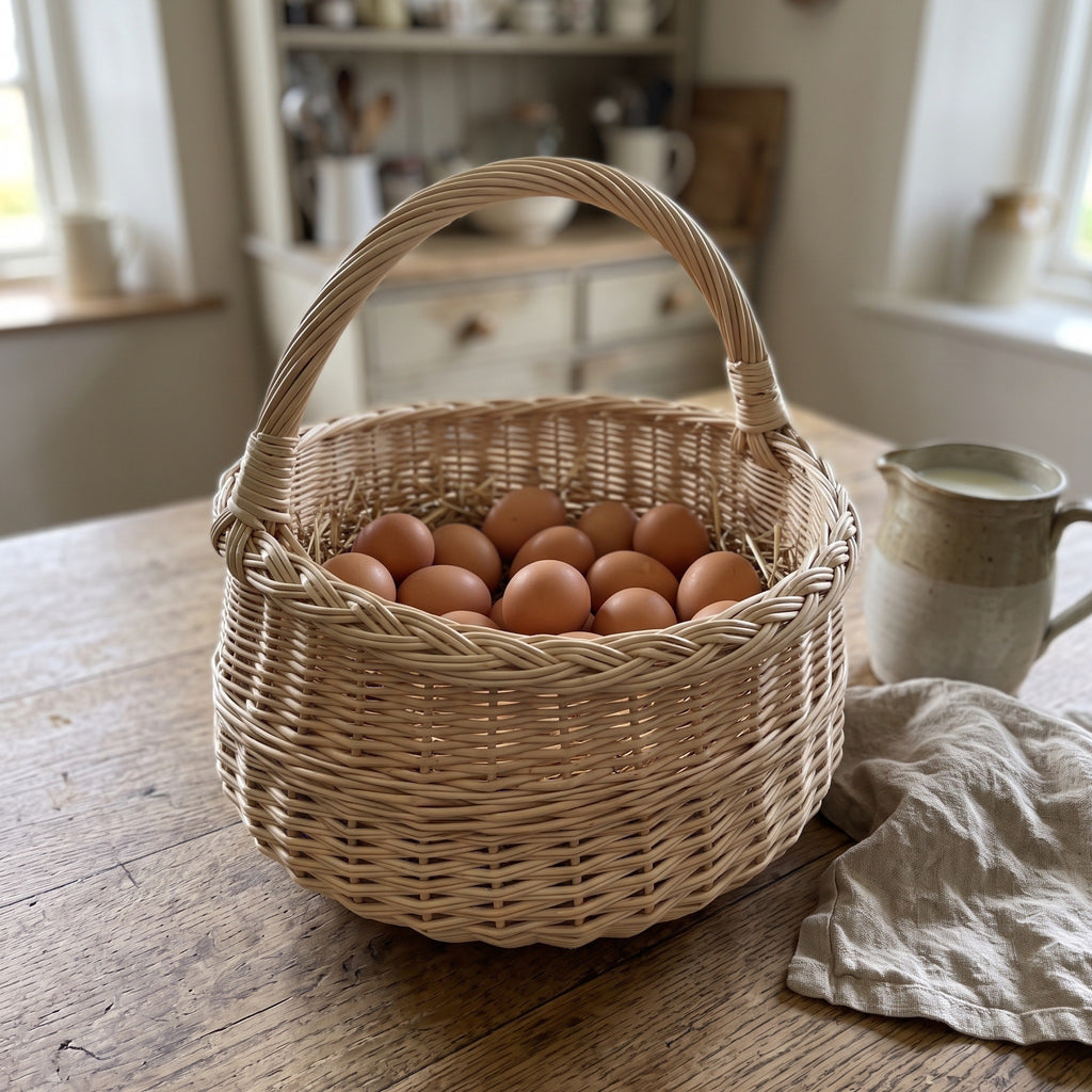 Round willow egg basket with handle holding fresh eggs on a farmhouse kitchen table next to a jug and linen cloth