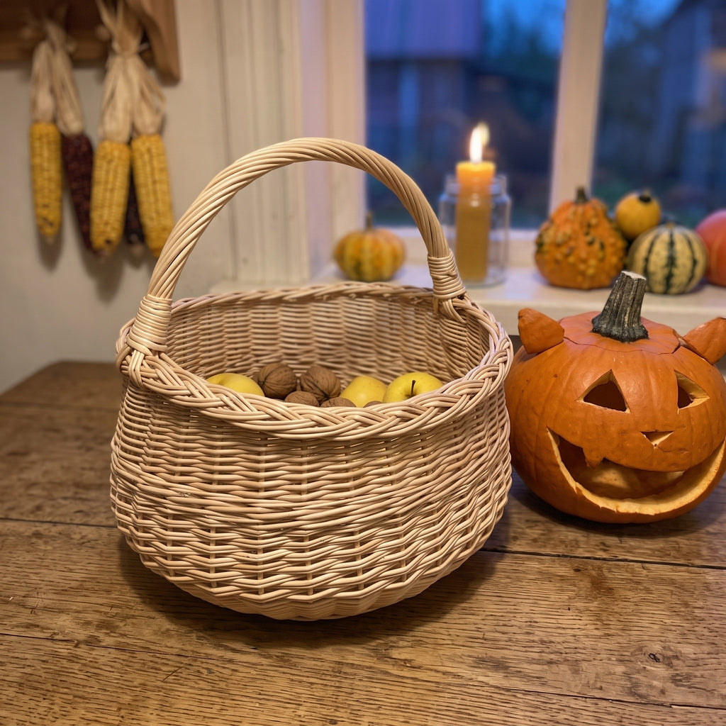 Round wicker basket with handle holding walnuts and fruit on a kitchen table with a carved pumpkin, corn cobs and a candle