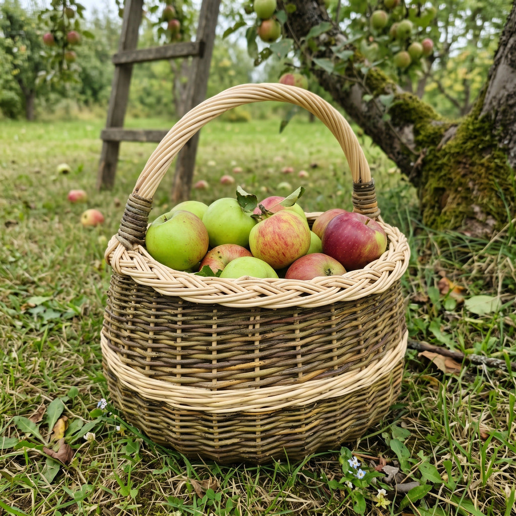 Round willow basket with handle full of apples on the grass of an orchard with a wooden ladder against a tree