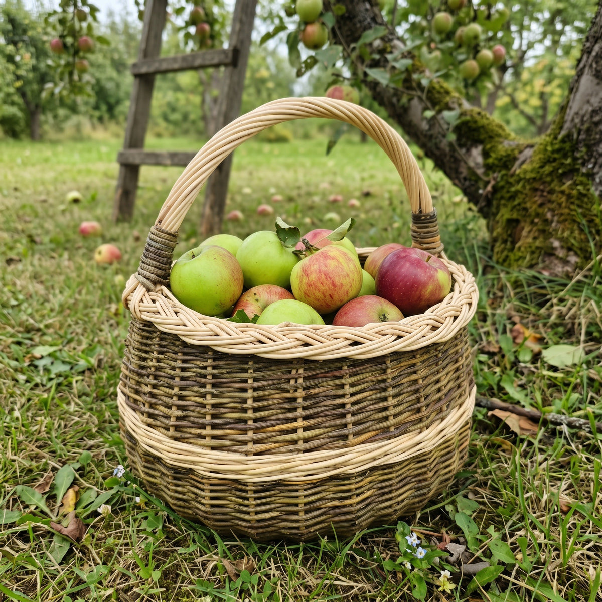 Round willow basket with handle full of apples on the grass of an orchard with a wooden ladder against a tree