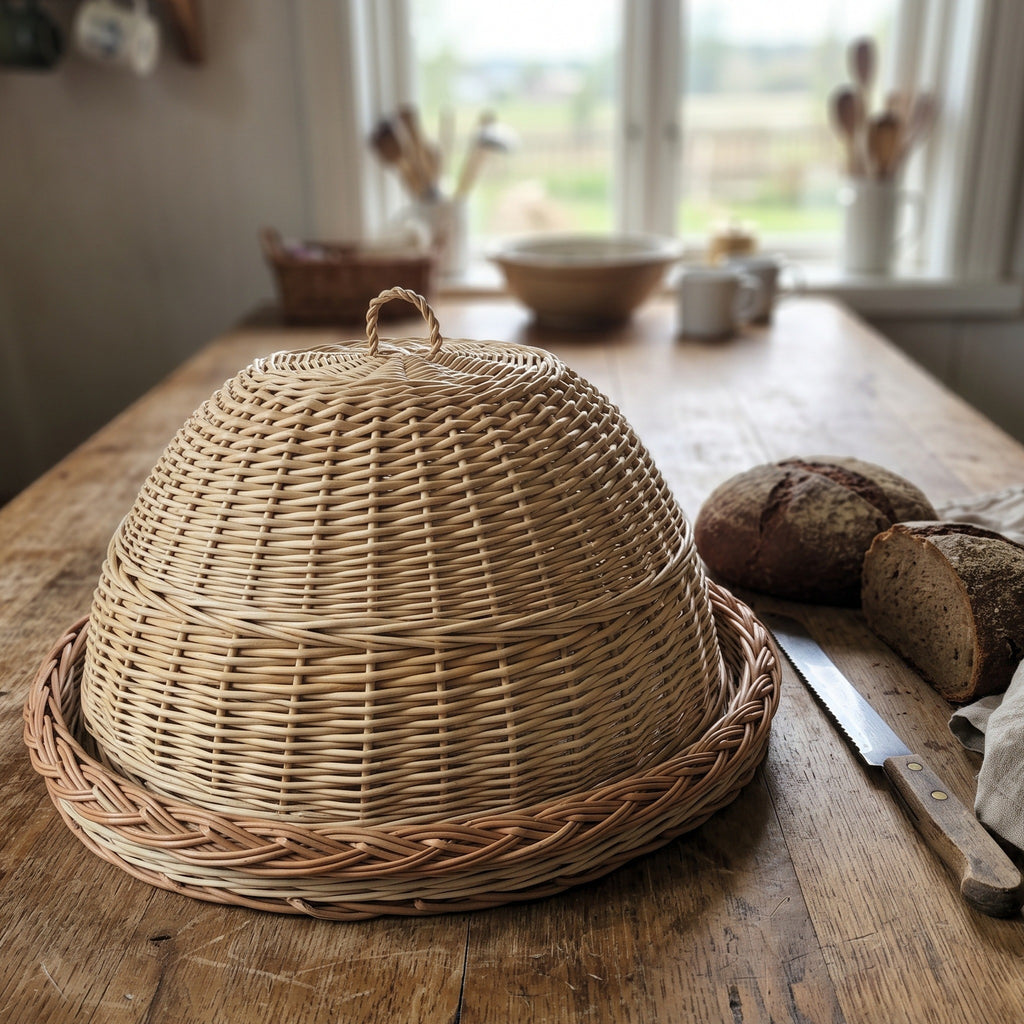 Handwoven willow food cover with tray on a rustic wooden kitchen table, the domed wicker cloche with a loop handle set beside a sliced loaf of rye bread.