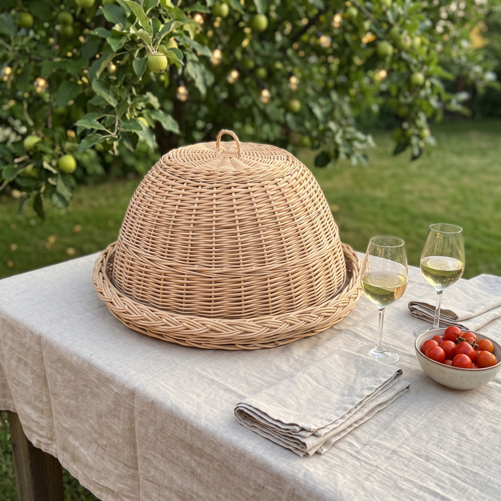 Handwoven food cover with tray on a linen-draped garden table under an apple tree, set with two glasses of white wine and a bowl of cherry tomatoes.