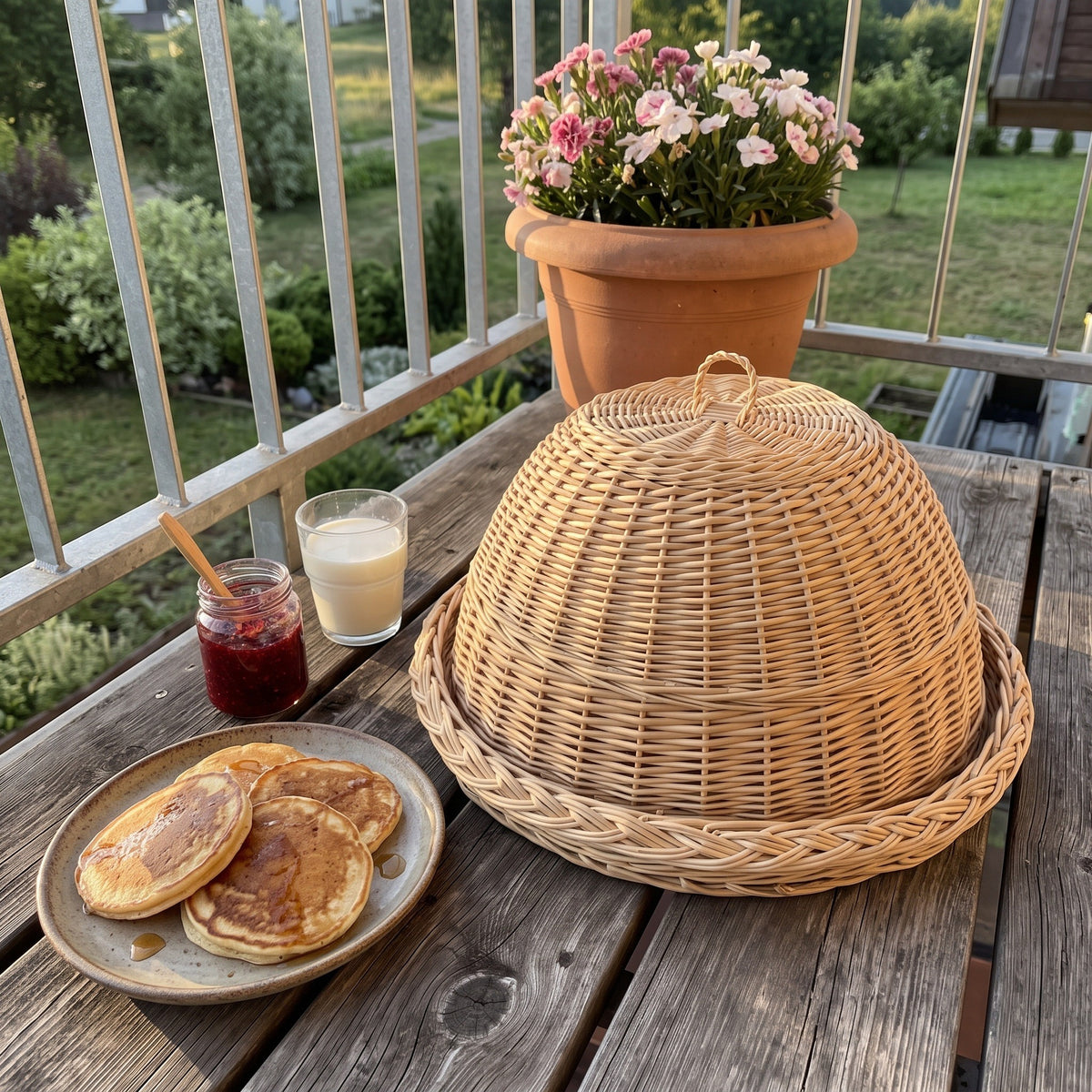 Willow food dome on its braided tray on a wooden balcony table next to a plate of pancakes, a jar of jam and a glass of milk for an outdoor breakfast.