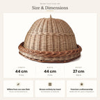 Size chart for the handwoven willow food cover with tray showing 44 cm length, 44 cm width and 27 cm height, with notes on handmade craftsmanship.
