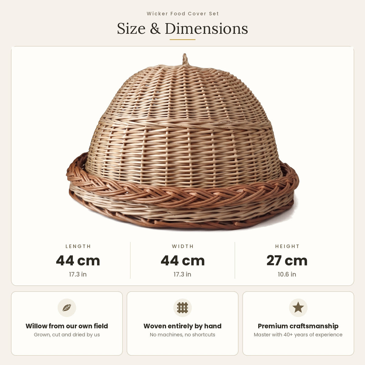 Size chart for the handwoven willow food cover with tray showing 44 cm length, 44 cm width and 27 cm height, with notes on handmade craftsmanship.