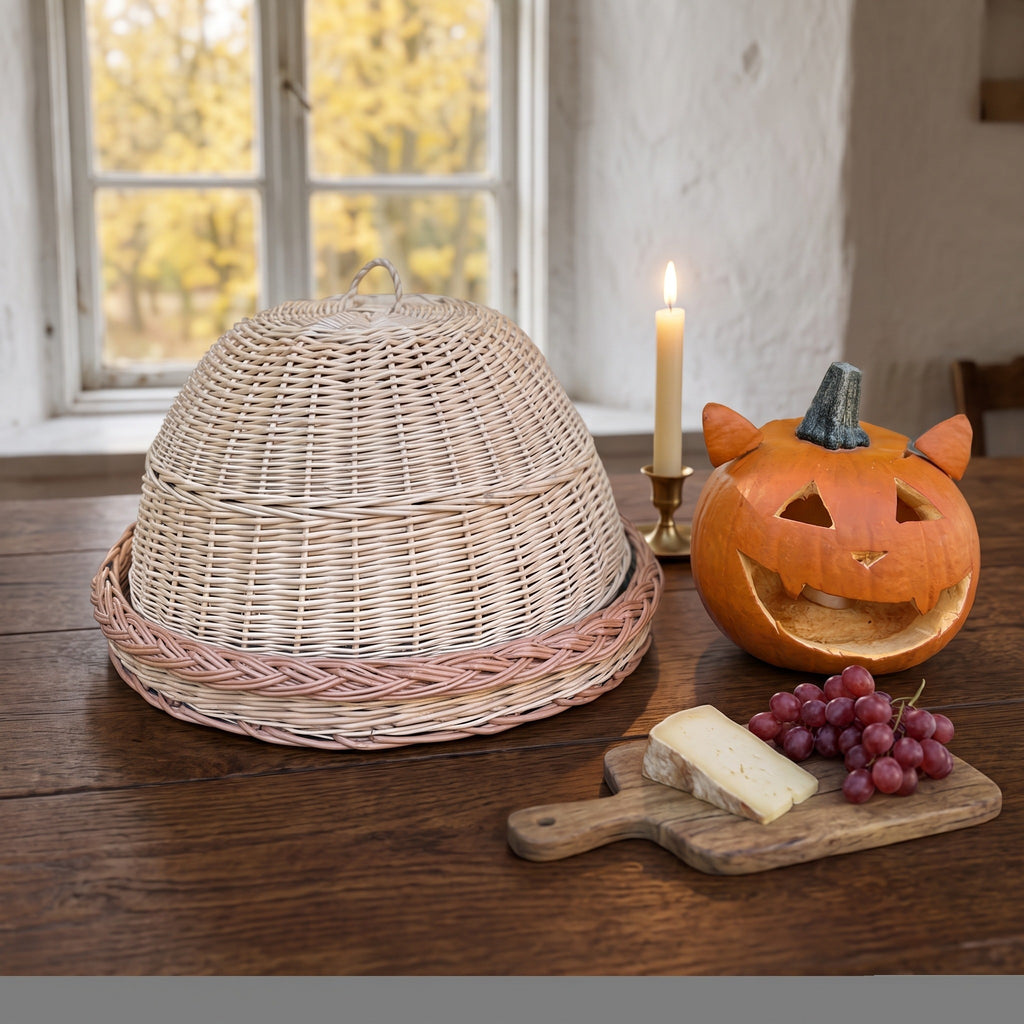 Handwoven wicker cloche with tray on a farmhouse table by a window, beside a carved pumpkin, a lit candle, cheese and grapes for an autumn evening.