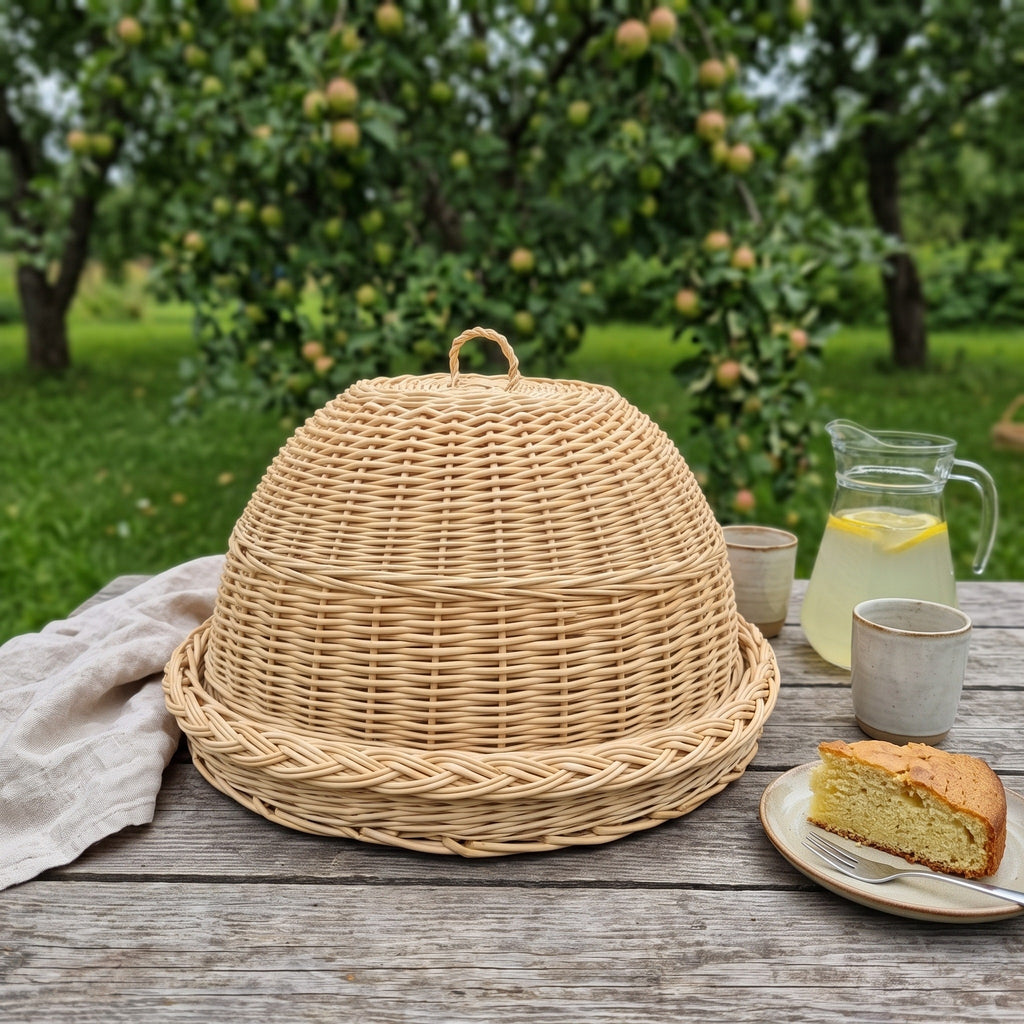 Willow food cover with tray on an outdoor wooden table in an apple orchard, next to a slice of sponge cake, a jug of lemonade and ceramic cups.