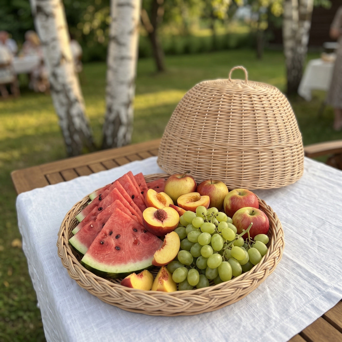 Wicker food dome placed behind its woven tray filled with watermelon slices, peaches, apples and grapes on a linen-covered garden table among birch trees.