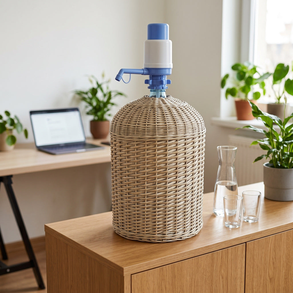 Handwoven wicker water bottle cover on a 5 gallon jug with a manual pump, standing on a wooden cabinet in a bright home office with plants