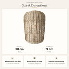 Size chart for the handwoven wicker water bottle cover showing 50 cm height and 27 cm diameter