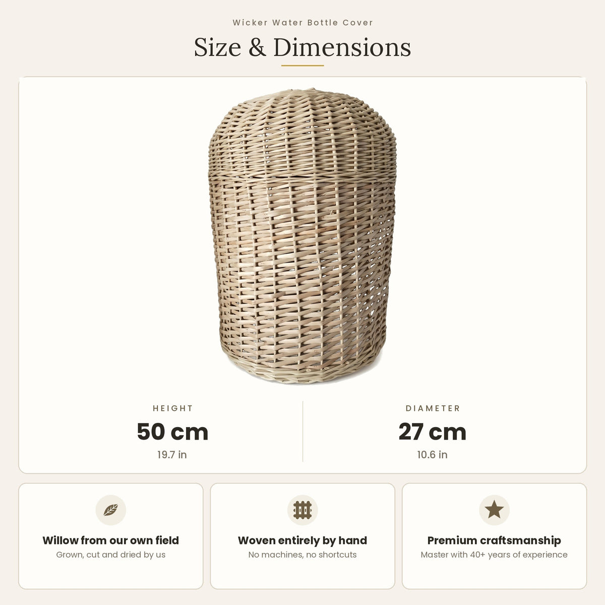 Size chart for the handwoven wicker water bottle cover showing 50 cm height and 27 cm diameter