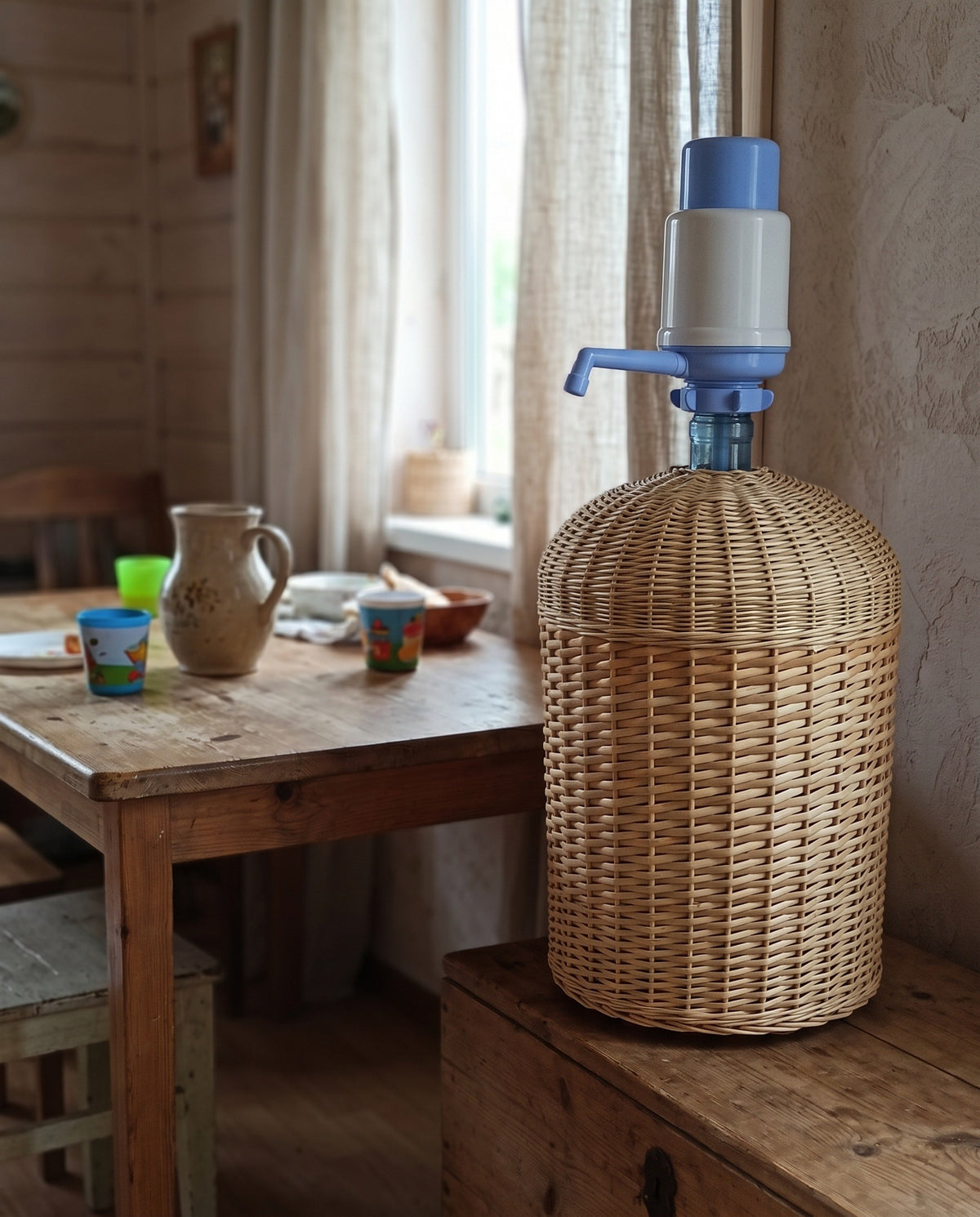 Wicker water bottle cover with a pump dispenser on a rustic wooden chest in a country kitchen beside a dining table and a ceramic jug