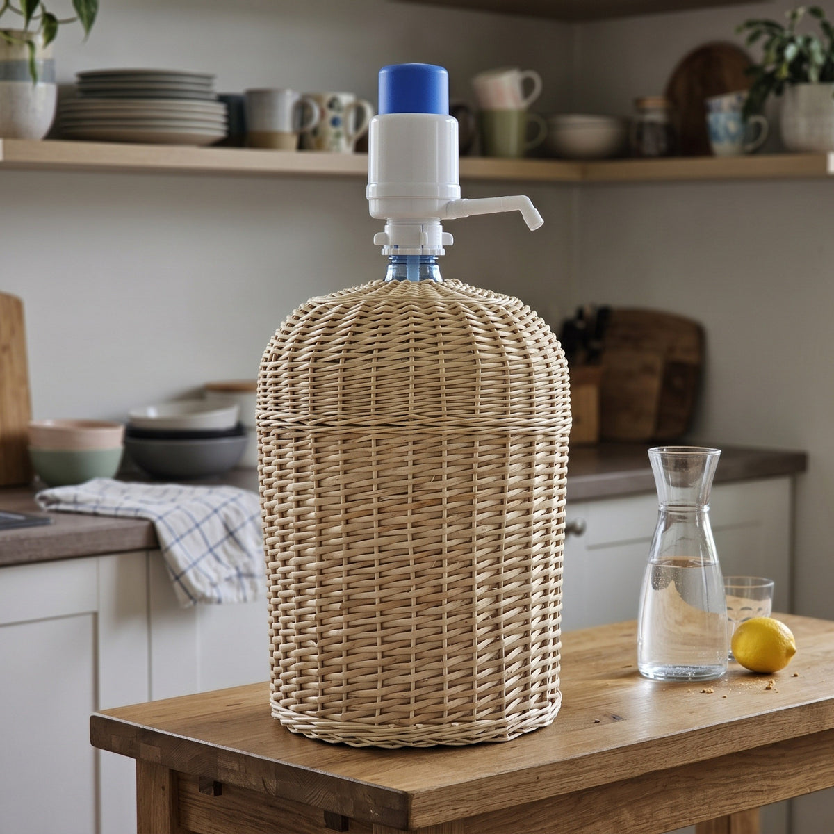 Handwoven willow jug sleeve over a 19 L water bottle with a pump, on a kitchen table next to a glass carafe and a lemon