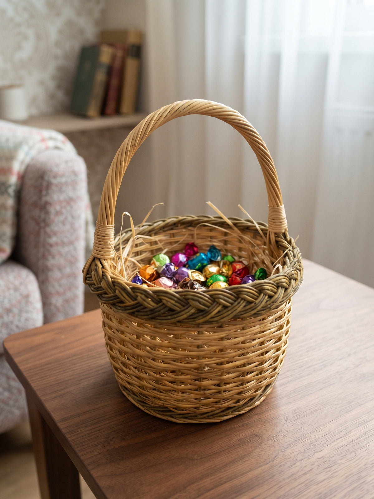 Small round Easter basket with handle, handwoven from willow and filled with foil-wrapped chocolate eggs on straw, set on a side table in a cosy living room.