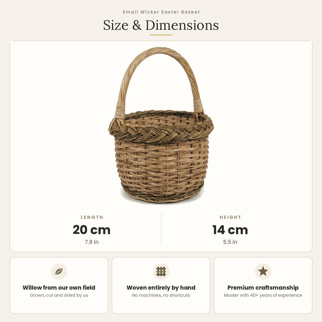 Size chart for the small wicker Easter basket showing 20 cm length and 14 cm height, with notes on willow grown and woven by hand.