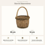 Size chart for the small wicker Easter basket showing 20 cm length and 14 cm height, with notes on willow grown and woven by hand.