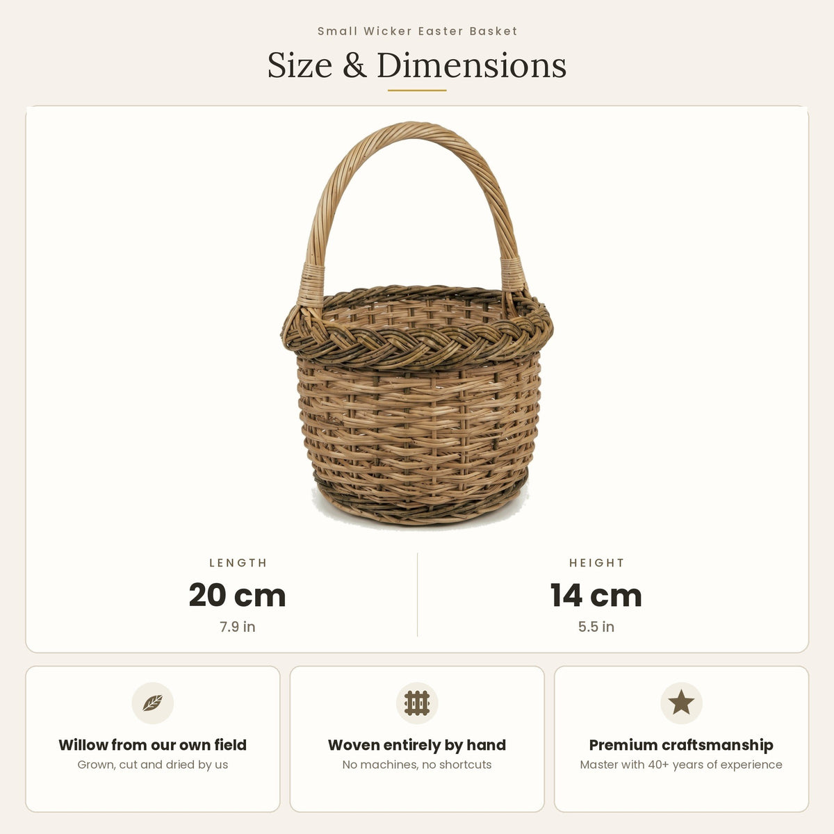 Size chart for the small wicker Easter basket showing 20 cm length and 14 cm height, with notes on willow grown and woven by hand.