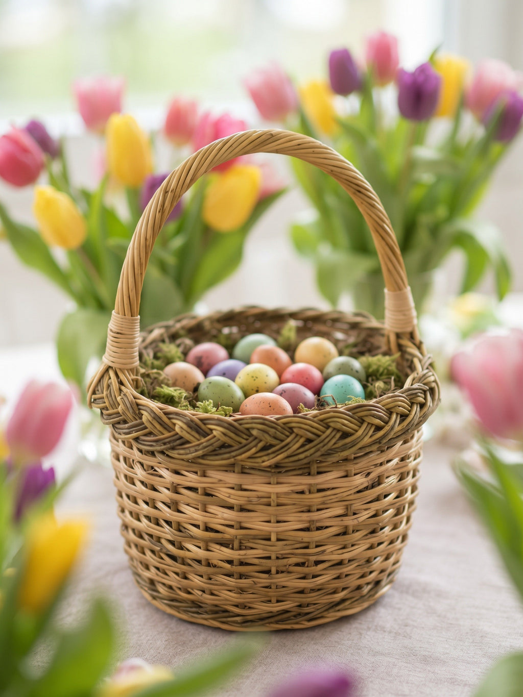 Small handwoven Easter basket with handle filled with pastel dyed eggs on moss, surrounded by vases of spring tulips on a table.