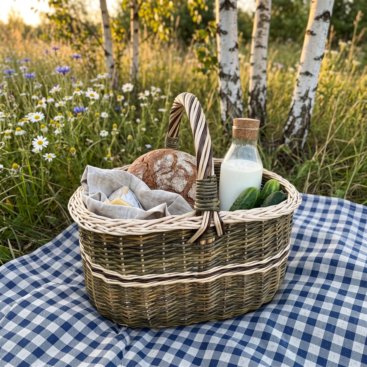 Wicker picnic basket with handle on a gingham blanket in a birch meadow, packed with bread, a bottle of milk and cucumbers for a summer lunch