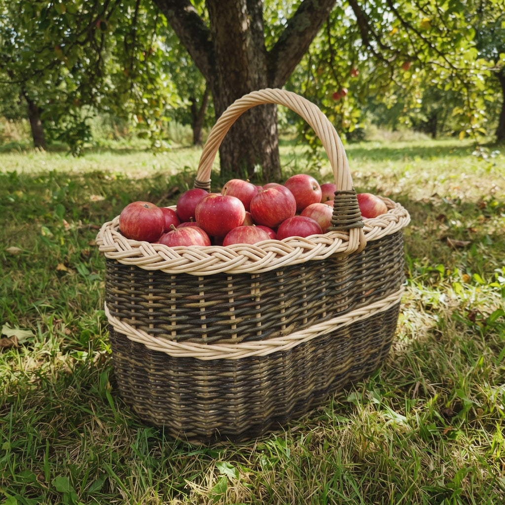 Oval willow fruit basket with a braided rim filled with red apples, set on the grass in an orchard under an apple tree