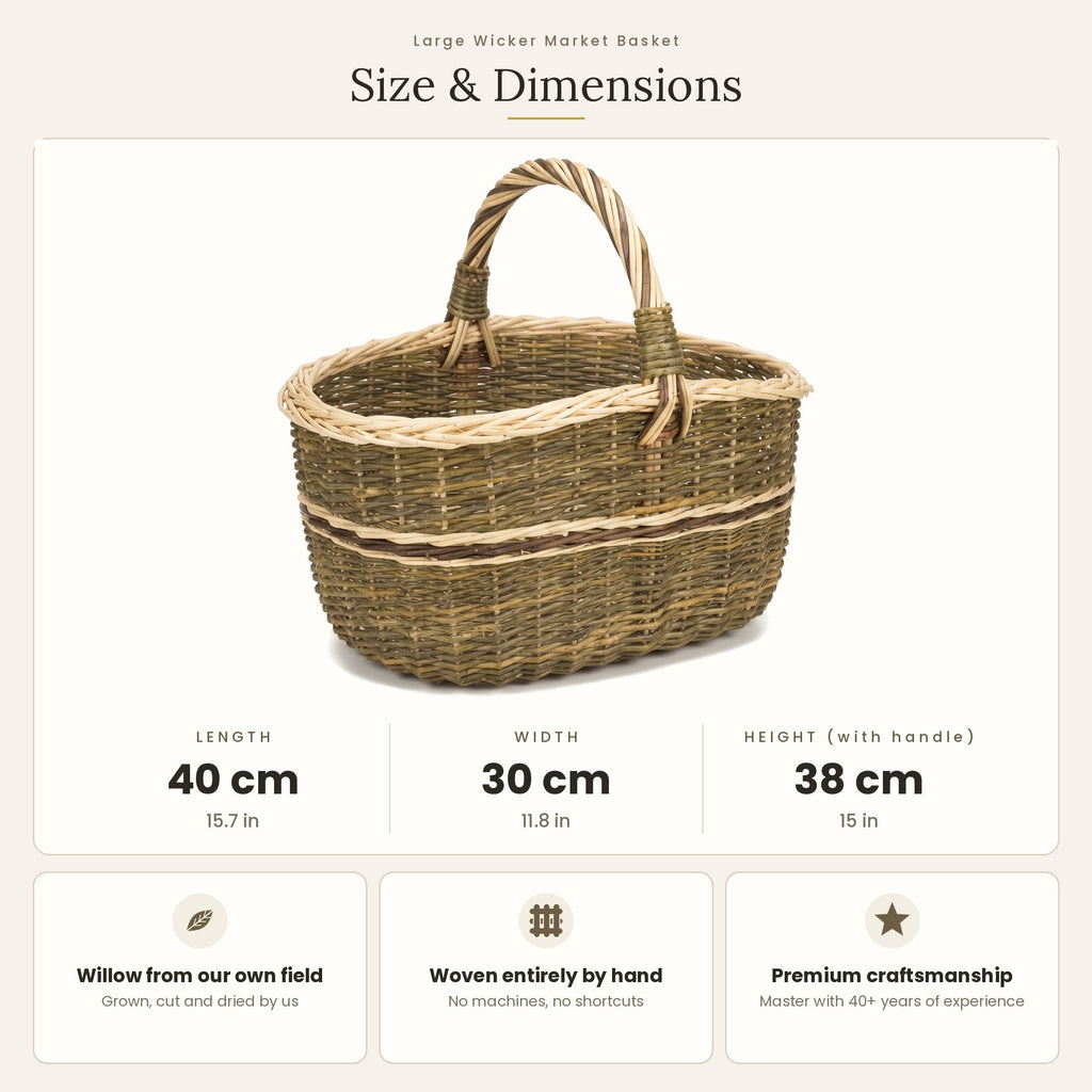 Size chart for the handwoven willow market basket showing 40 cm length, 30 cm width and 38 cm height with handle