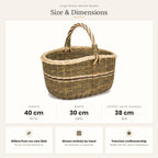 Size chart for the handwoven willow market basket showing 40 cm length, 30 cm width and 38 cm height with handle