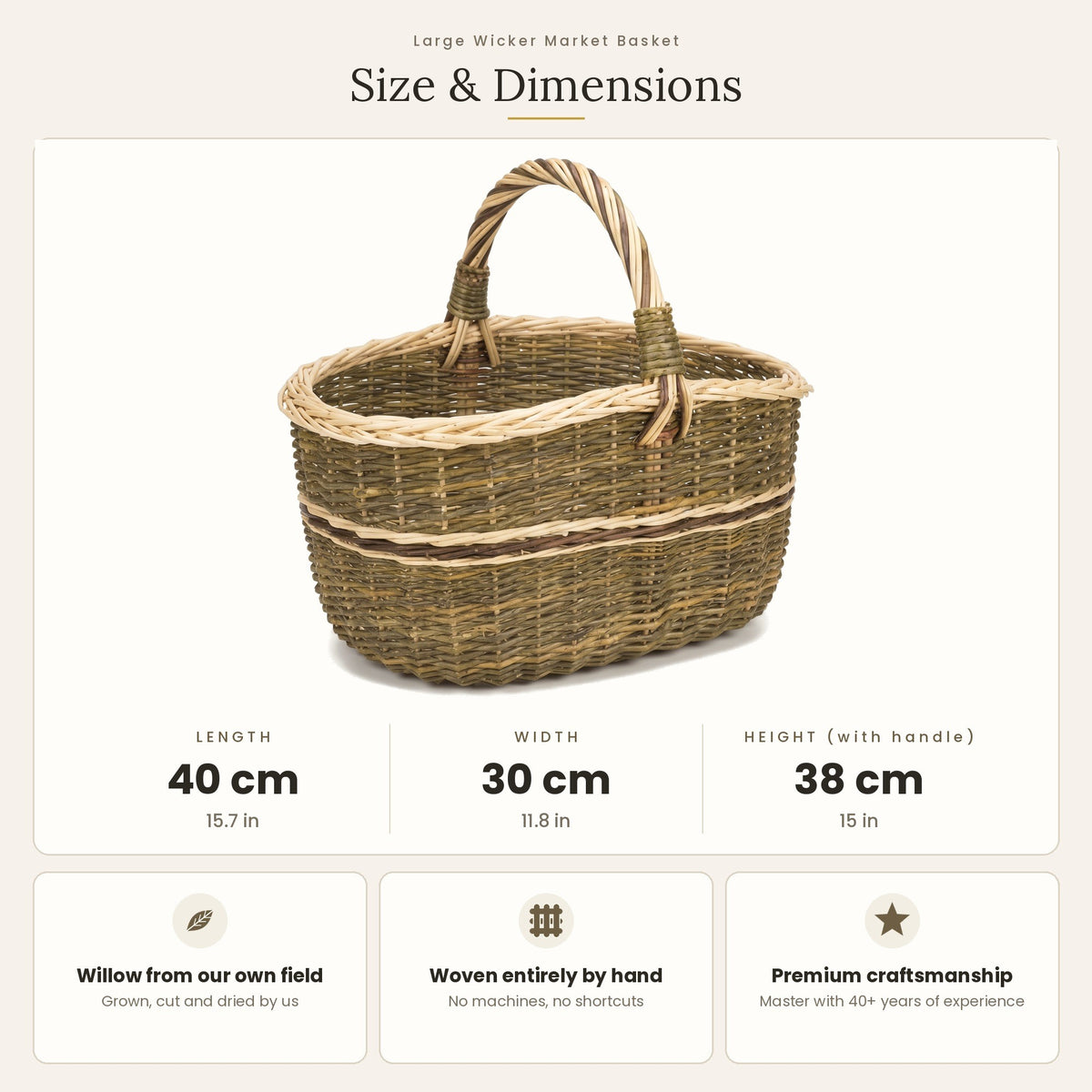 Size chart for the handwoven willow market basket showing 40 cm length, 30 cm width and 38 cm height with handle