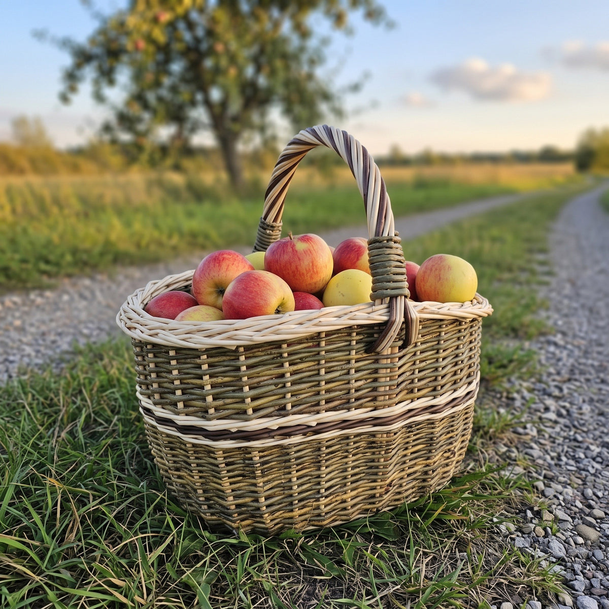 Wicker market basket with a twisted handle full of freshly picked apples on a grassy verge beside a country gravel road