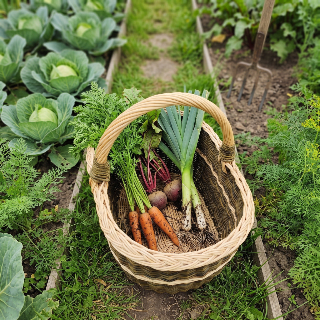 Willow garden basket with handle in a vegetable patch, holding freshly pulled carrots, beetroot and leeks between rows of cabbages
