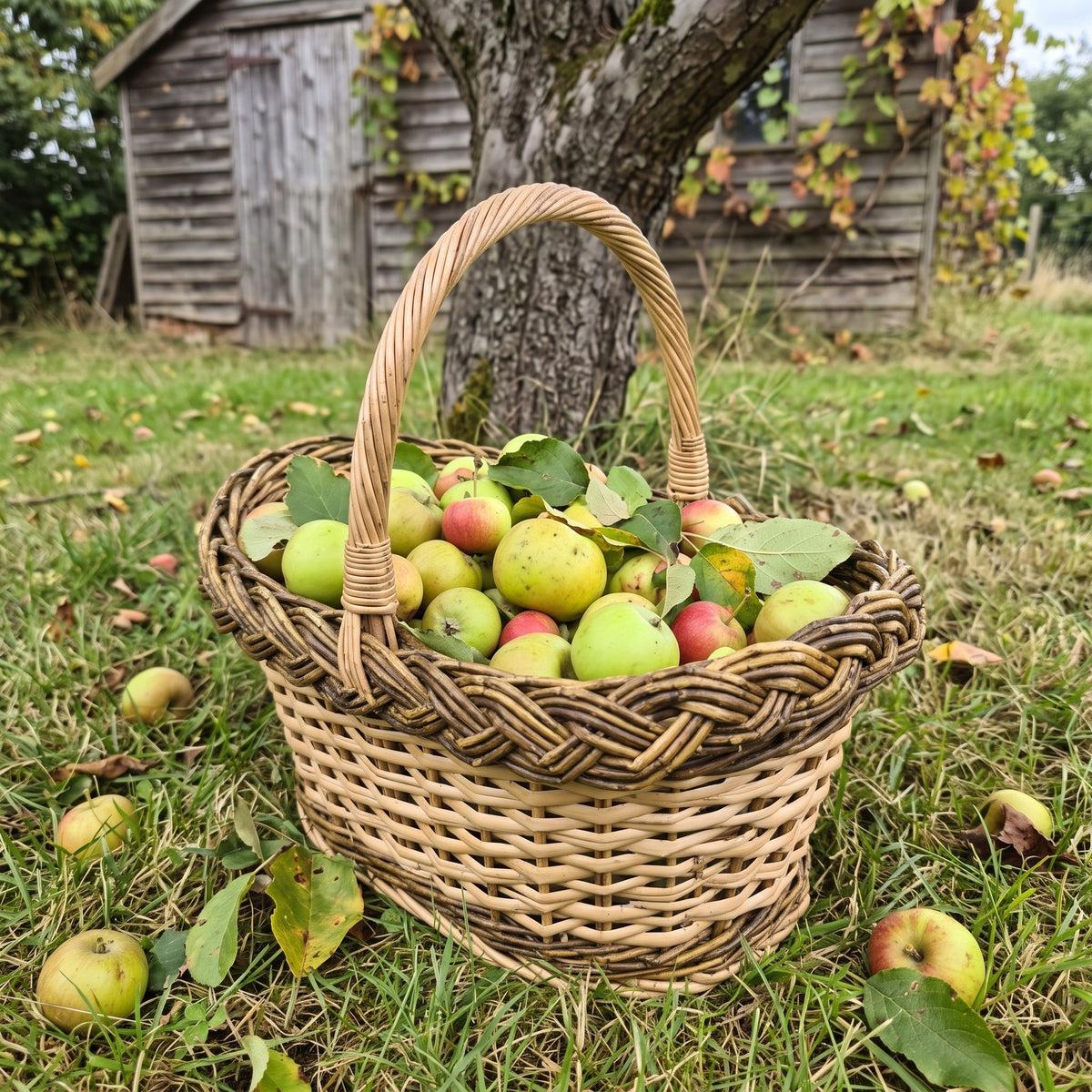 Small oval wicker bread basket with handle filled with freshly picked apples on the grass under an apple tree in an orchard.