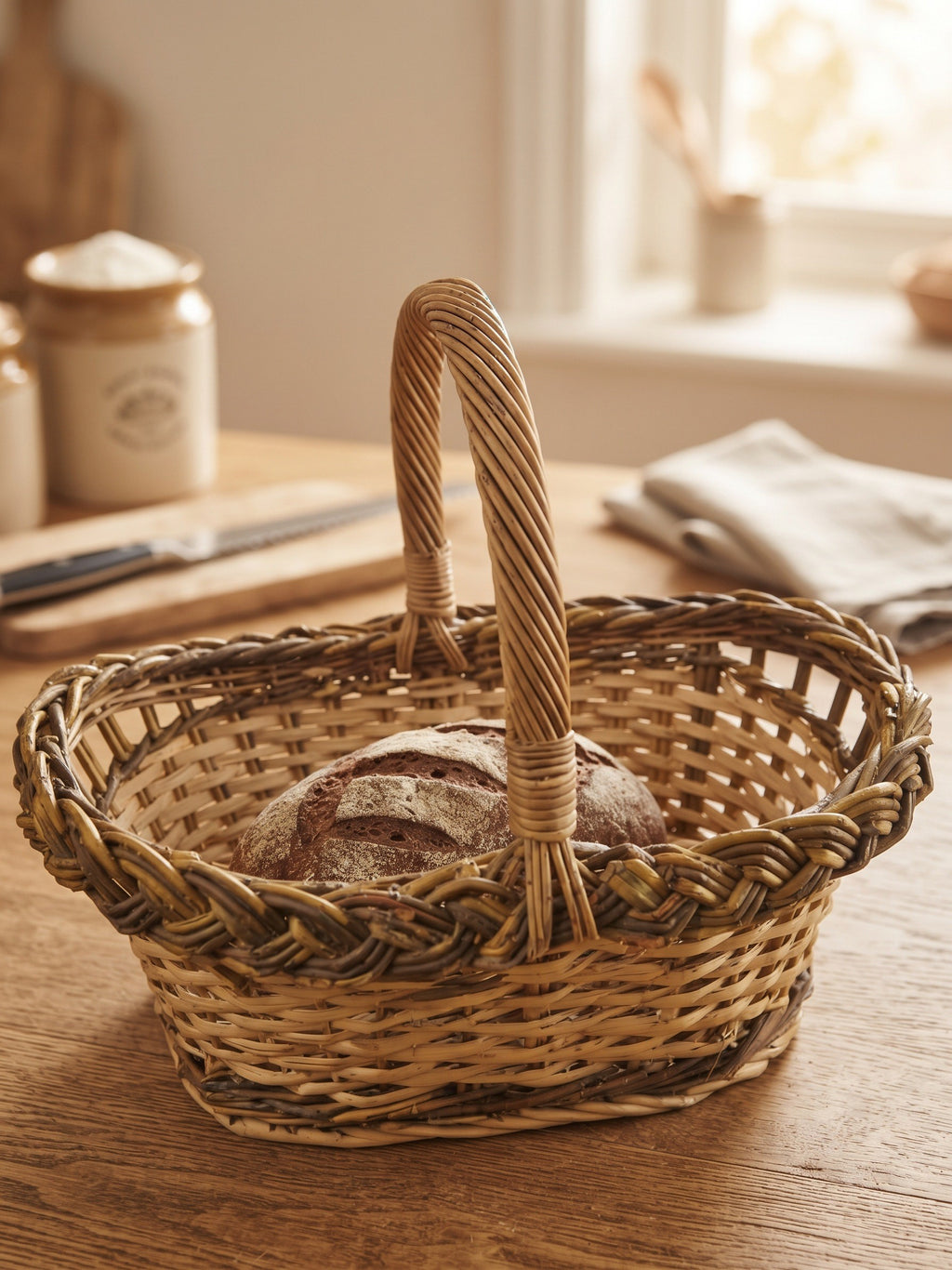 Small oval wicker bread basket with handle holding a round sourdough loaf on a wooden kitchen worktop.