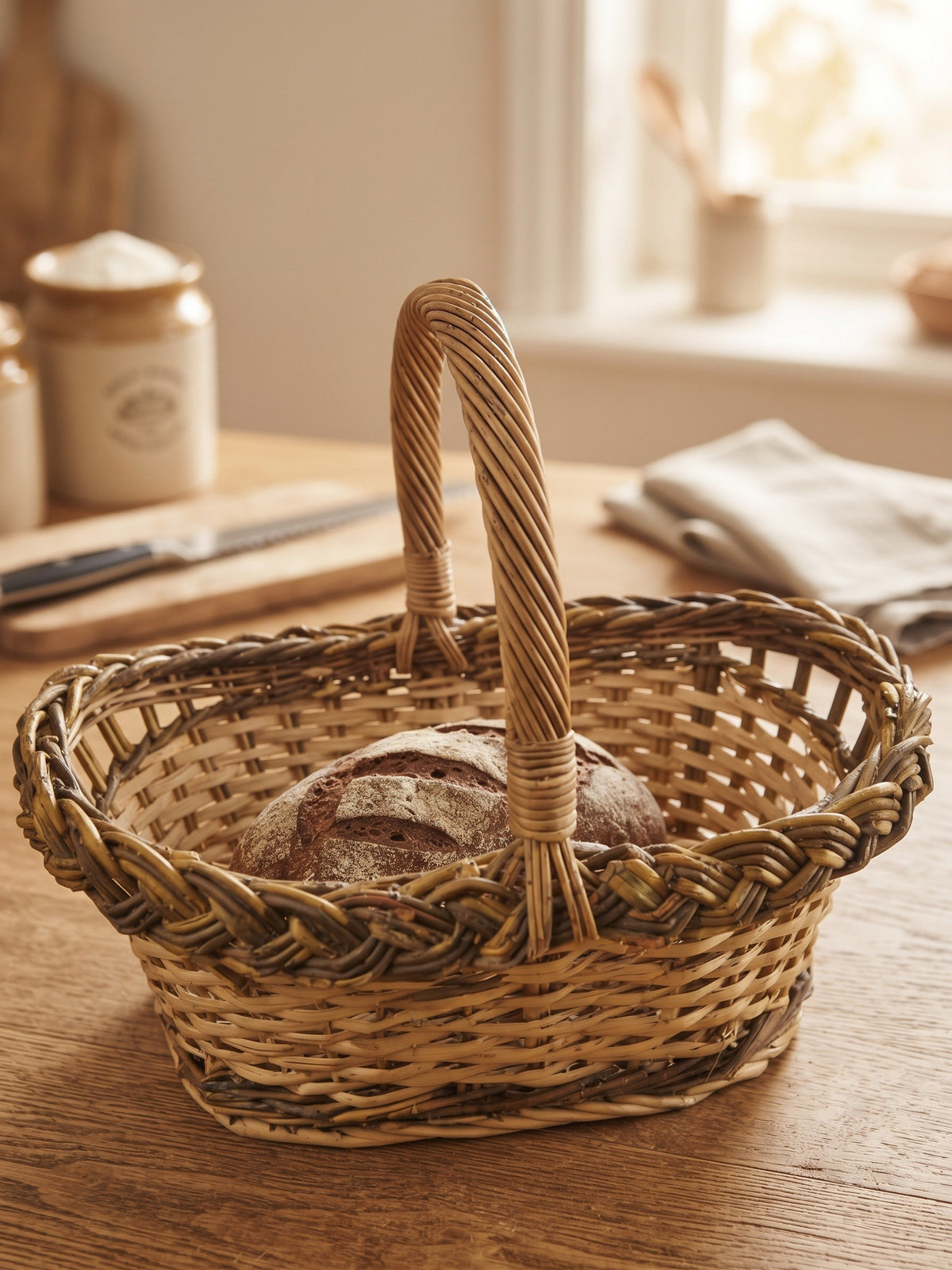 Small oval wicker bread basket with handle holding a round sourdough loaf on a wooden kitchen worktop.