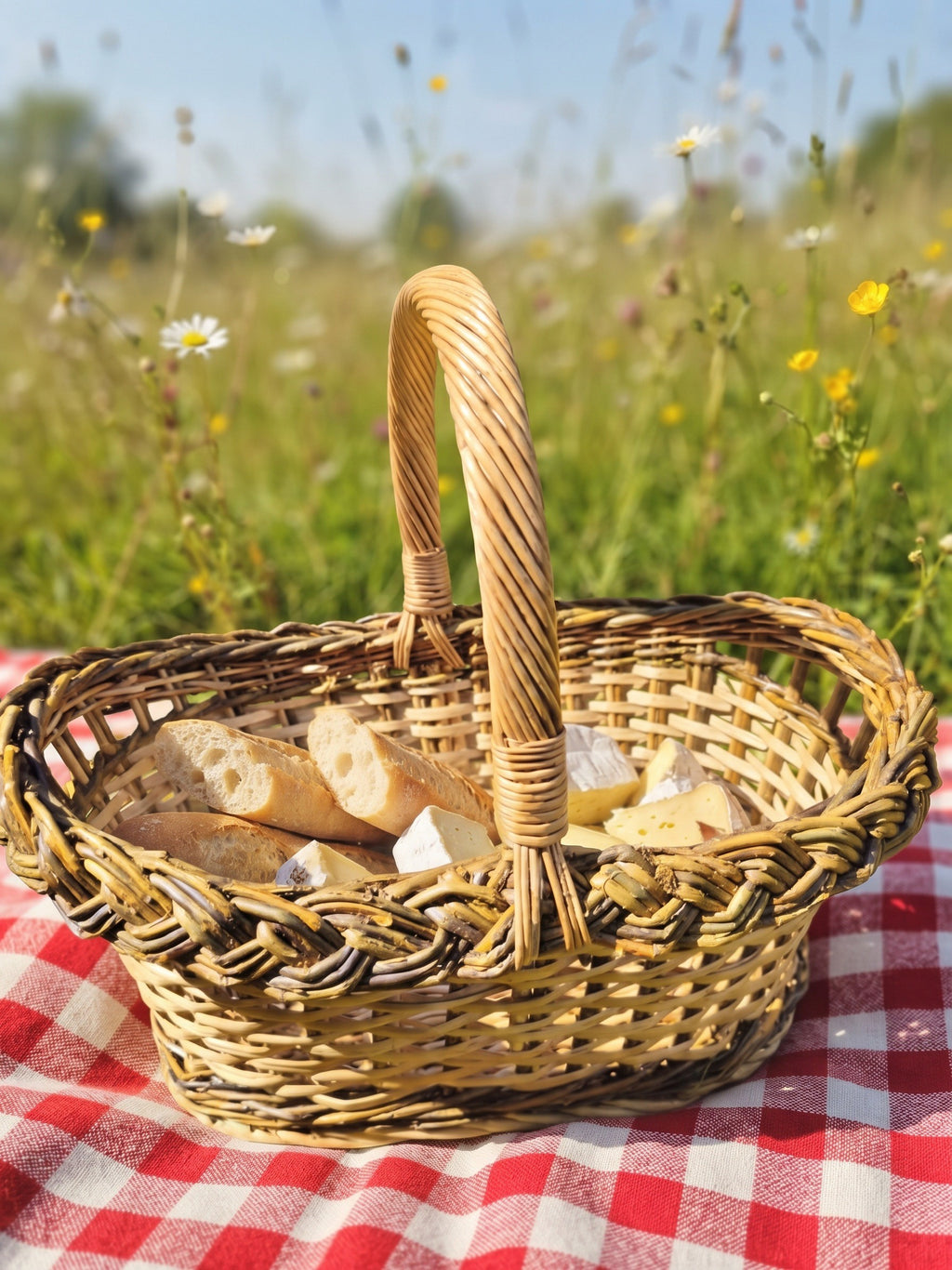 Handwoven oval willow bread basket with handle holding sliced baguette on a red checked picnic blanket in a summer meadow.