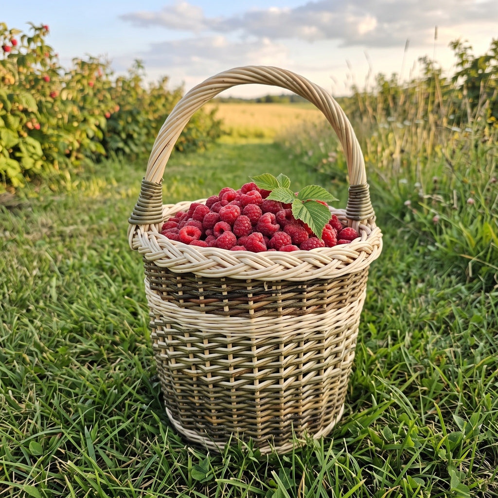 Tall wicker basket with handle filled with fresh raspberries, handwoven from willow with a braided rim, standing on the grass beside a berry garden.