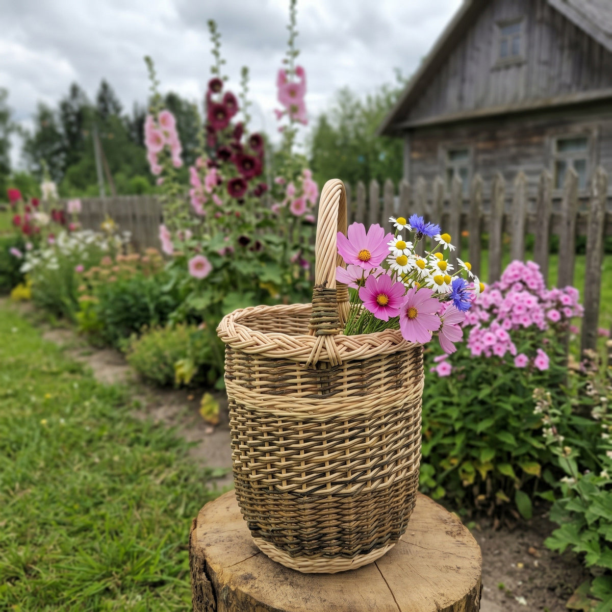 Handwoven willow tall basket with a single handle holding a bunch of garden flowers, set on a tree stump in a cottage flower garden by a wooden fence.