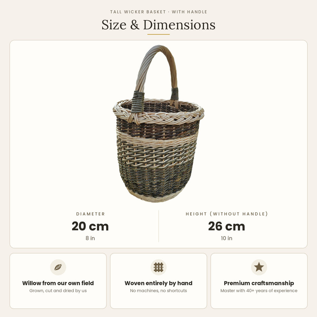 Size chart for the tall wicker basket with handle showing 20 cm diameter and 26 cm height without handle.