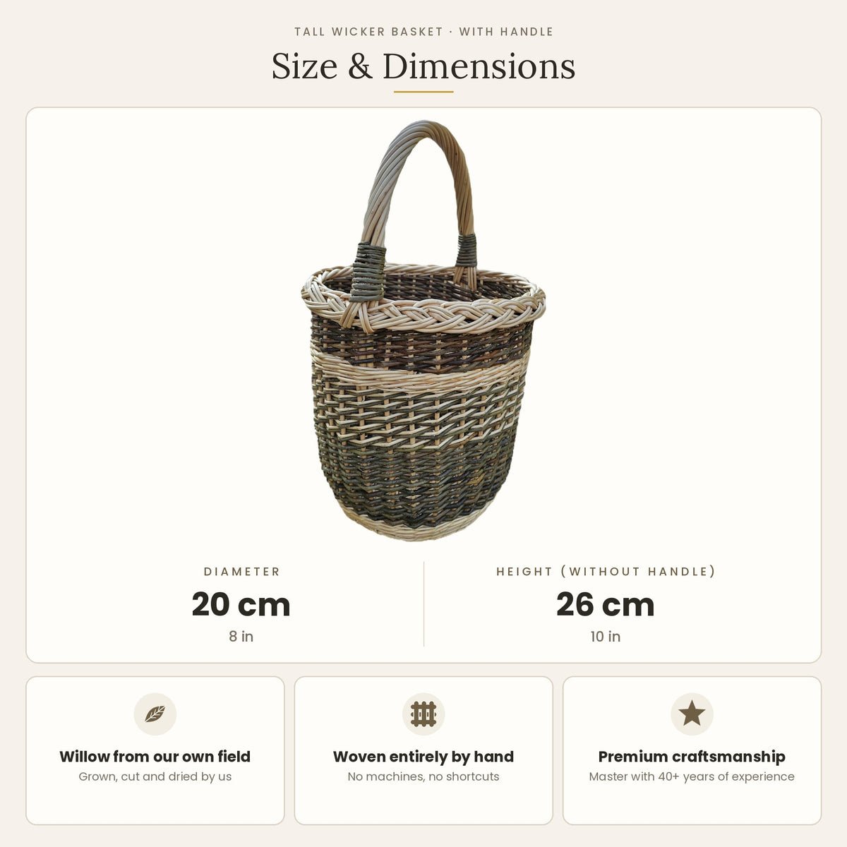 Size chart for the tall wicker basket with handle showing 20 cm diameter and 26 cm height without handle.