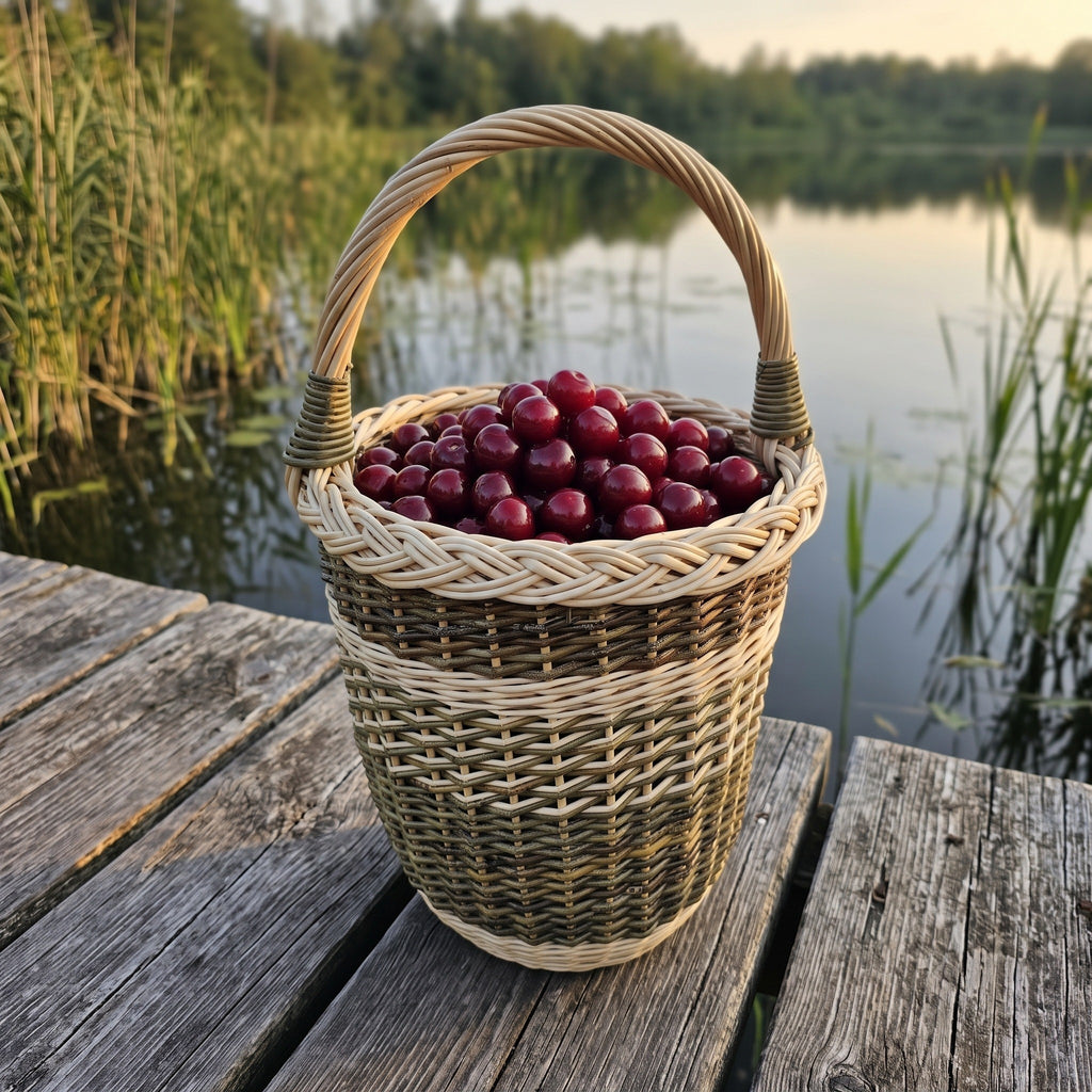 Tall willow berry picking basket full of ripe cherries, with a braided rim and arched handle, resting on a wooden jetty by a calm lake.