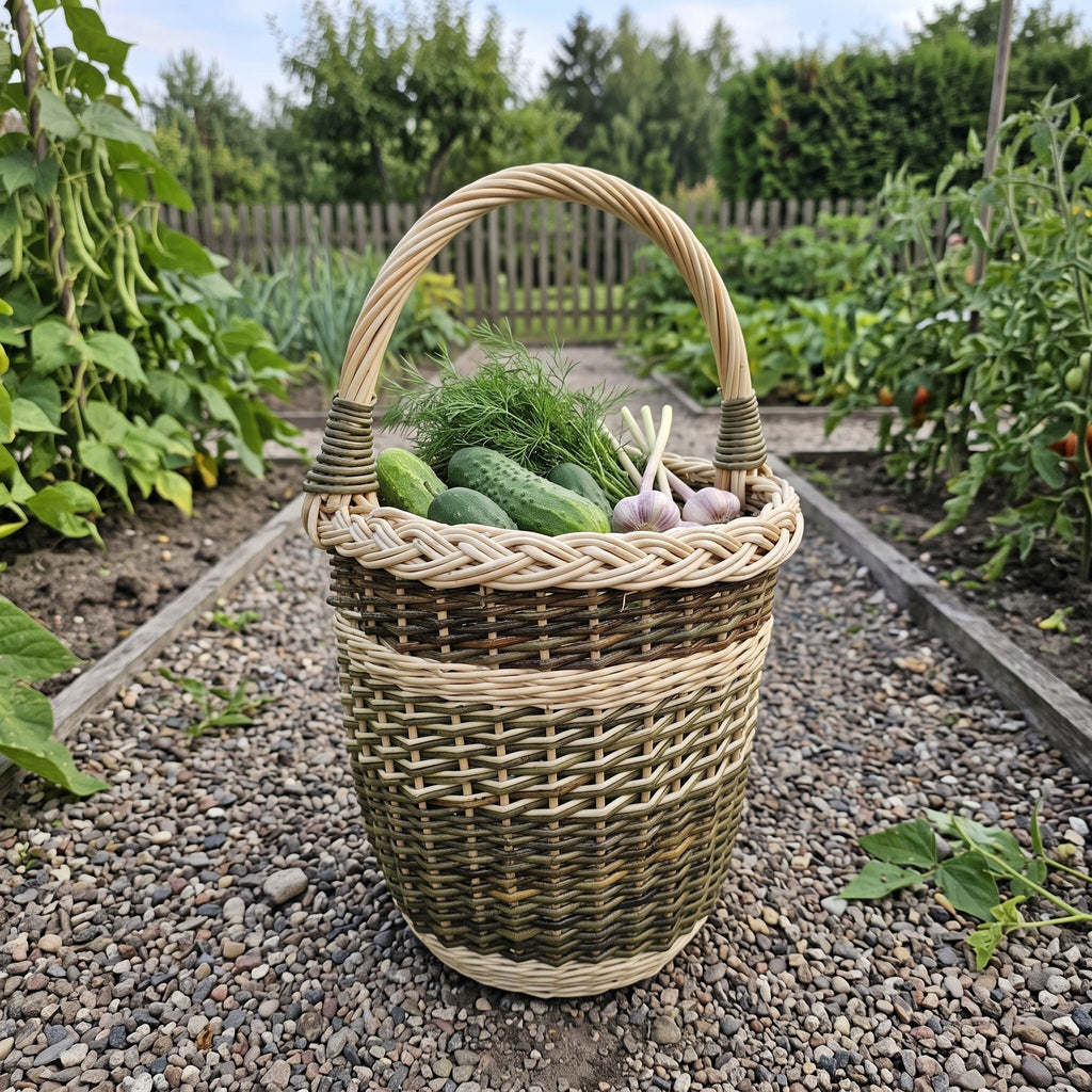 Handwoven tall wicker basket with handle carrying cucumbers, fresh dill and garlic along a gravel path in a vegetable garden.