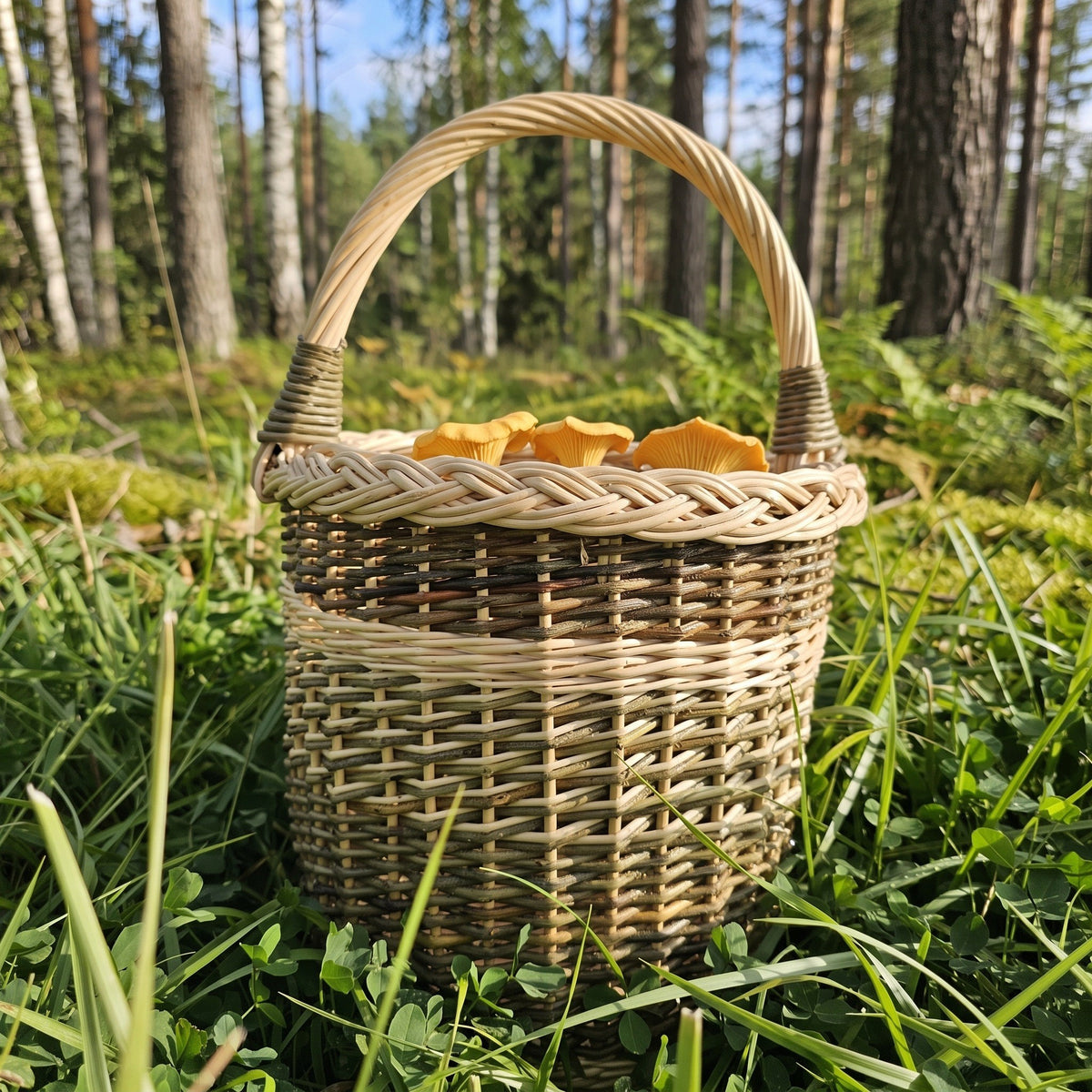 Tall handwoven willow basket with an arched handle filled with chanterelle mushrooms, set among ferns and moss in a pine forest.