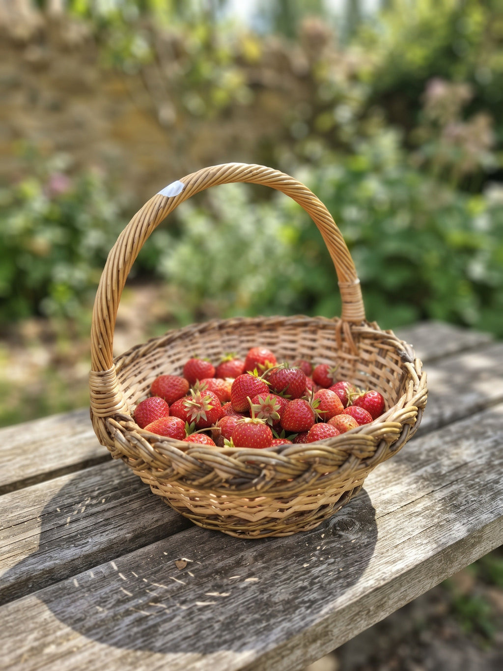 Small wicker berry basket with handle filled with freshly picked strawberries on a weathered garden table in summer