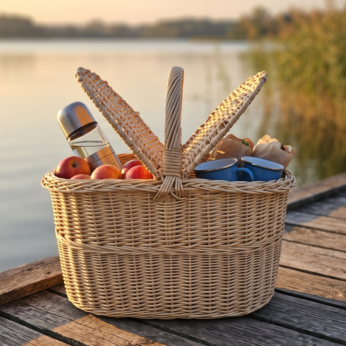 Handwoven willow picnic basket with two hinged lids and a centre handle, filled with apples, a thermos and mugs on a wooden lakeside jetty at sunset