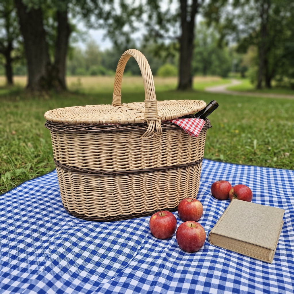 Willow picnic hamper with lid on a blue gingham blanket in a park with apples, a book and a bottle tucked under the lid.